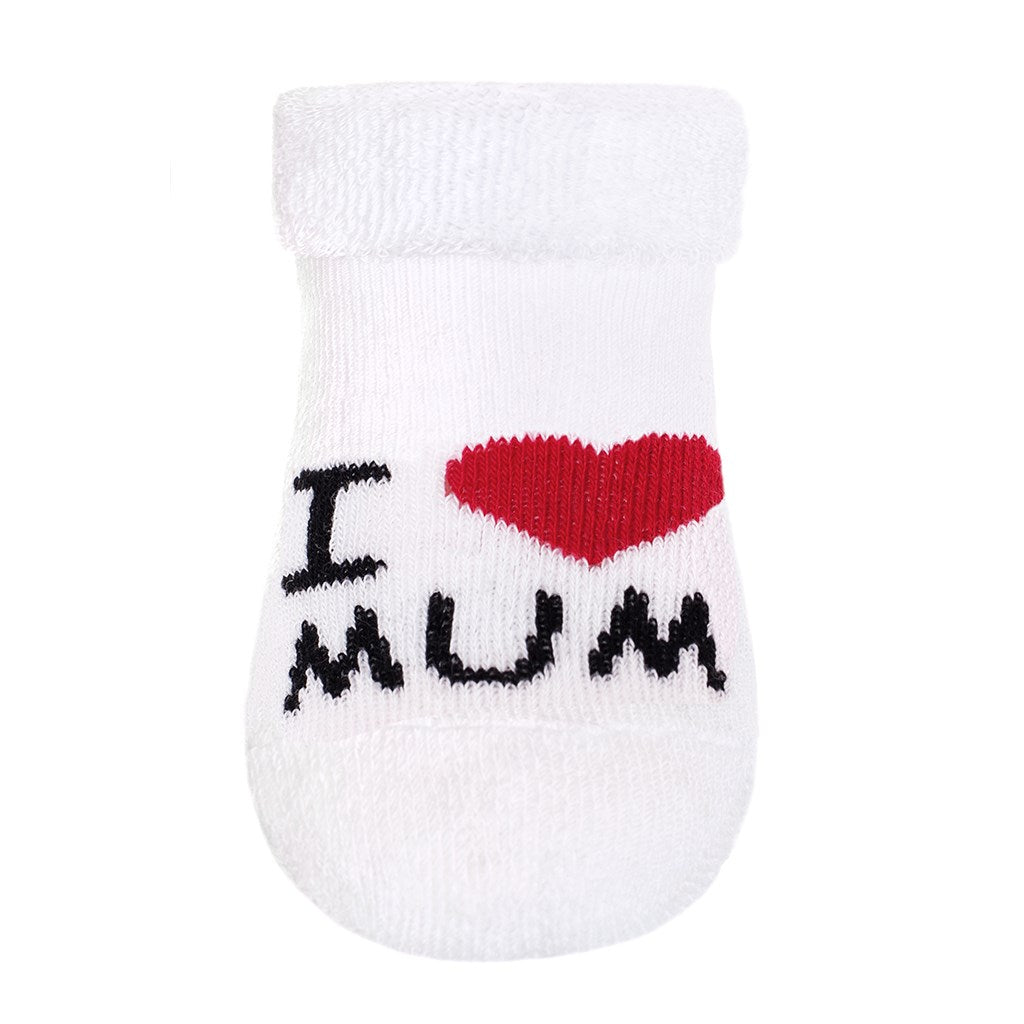 Csecsemõ frottír zokni New baby fehér I Love Mum and Dad