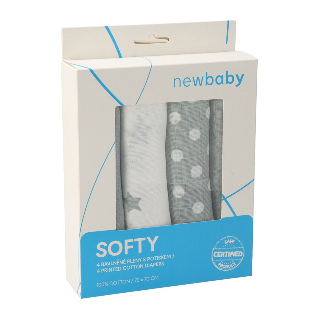 Pamut tetra pelenka New baby Softy nyomtatott mintával 70 x 70 cm 4 db fehér-szürke