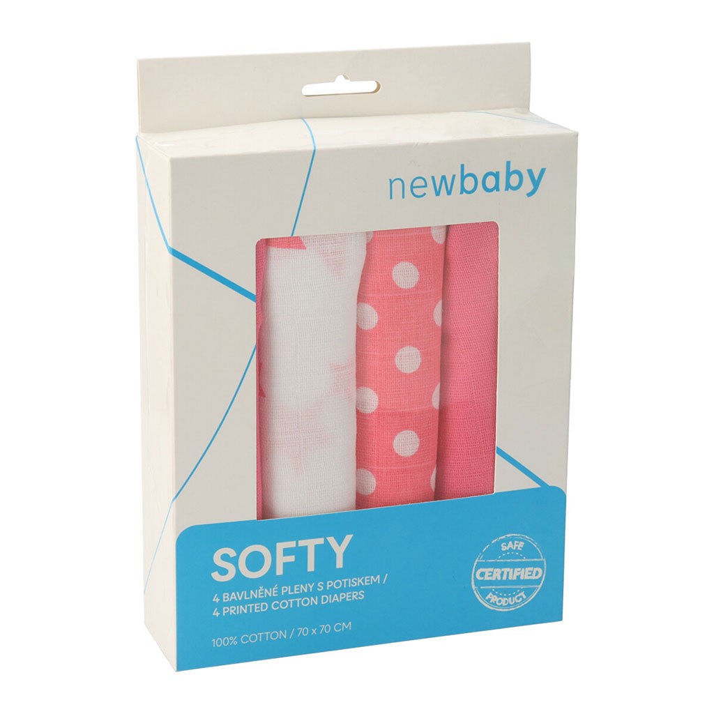 Pamut tetra pelenka New baby Softy nyomtatott mintával 70 x 70 cm 4 db fehér-rózsaszín