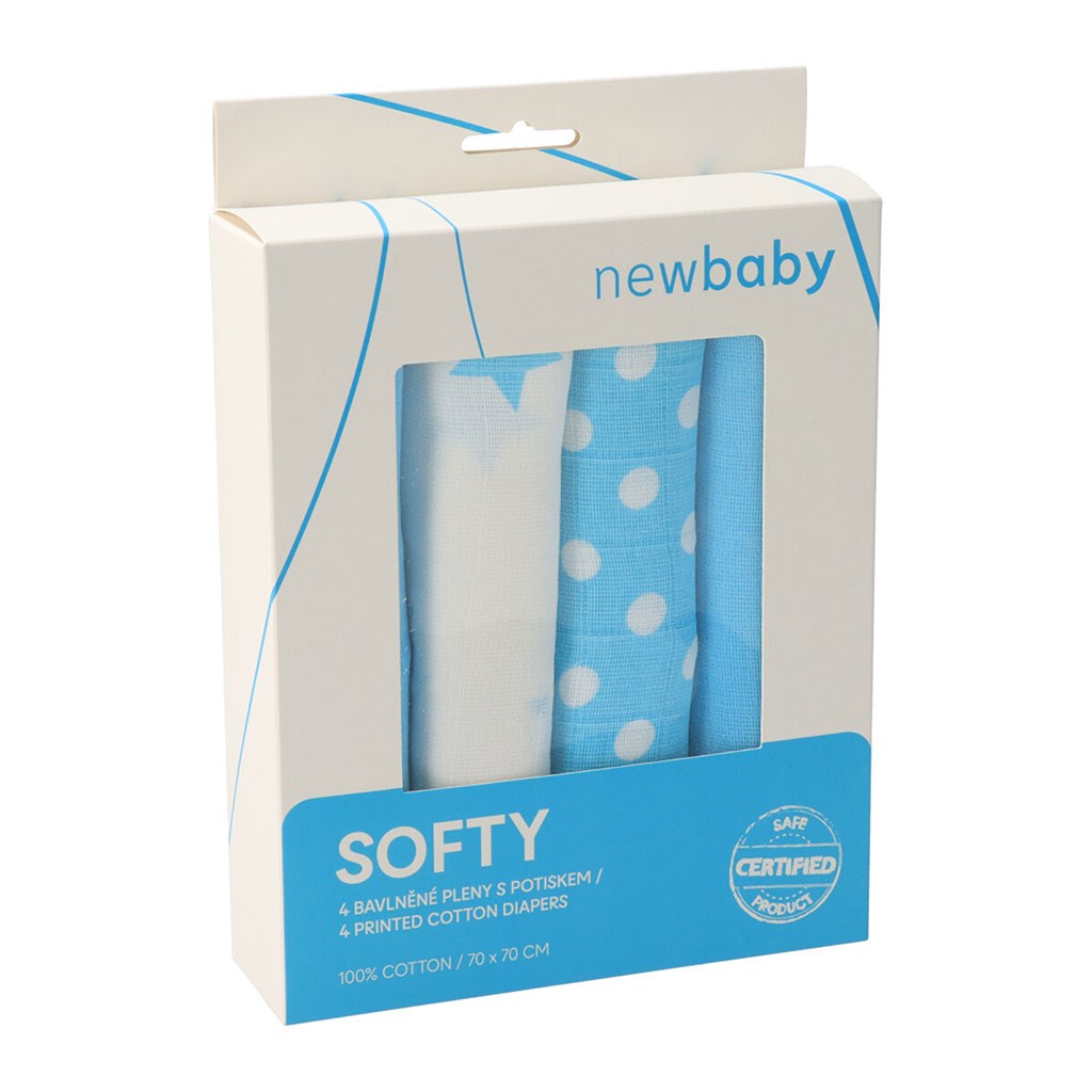 Pamut tetra pelenka New baby Softy nyomtatott mintával 70 x 70 cm 4 db fehér-türkiz