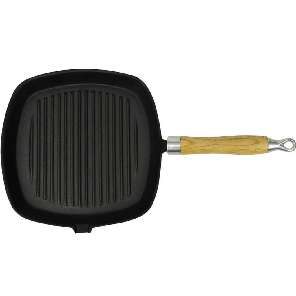 öntöttvas grillserpenyő fa nyéllel 20 x 20 cm