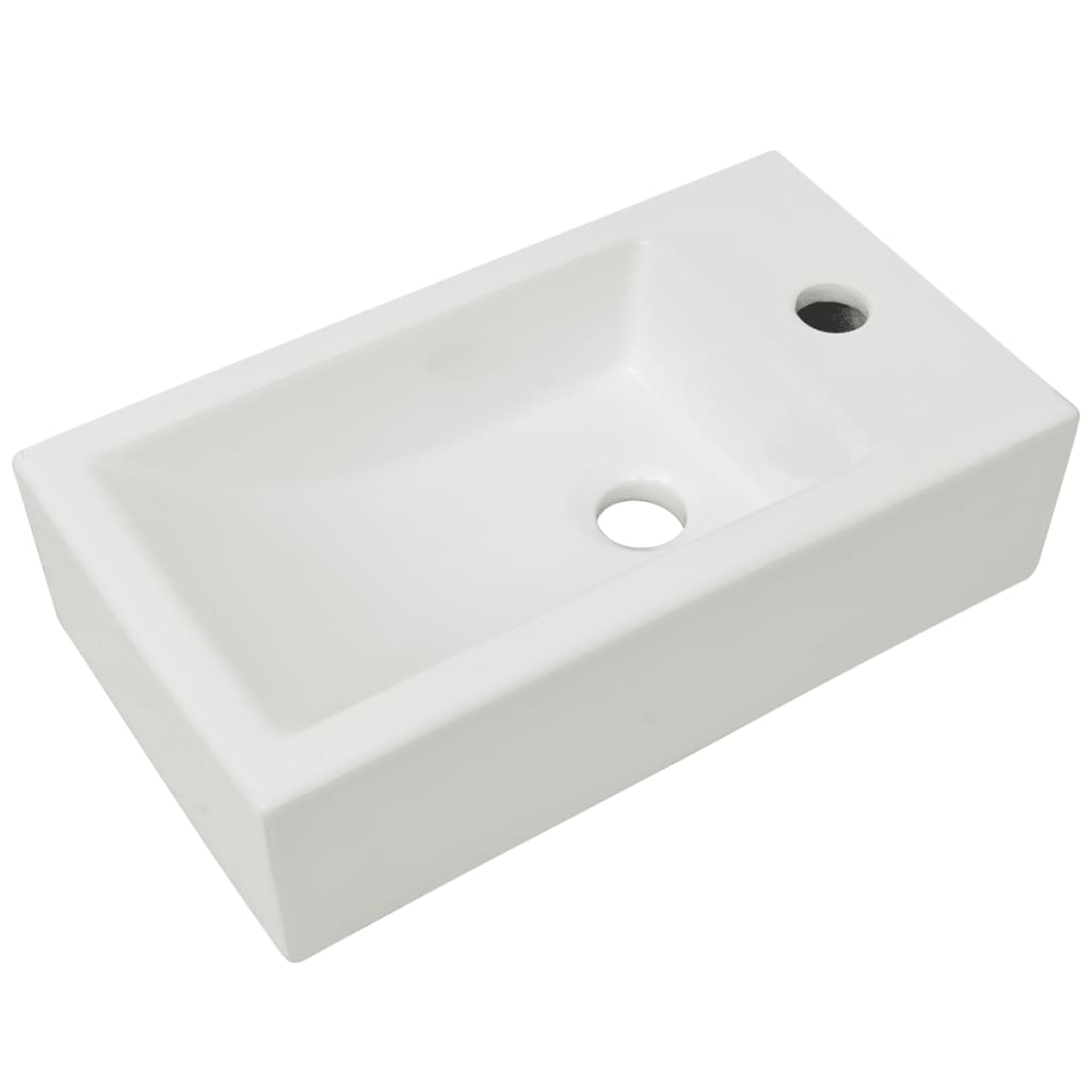 téglalap-alakú, fehér kerámia mosdókagyló csaptelep furattal 46x25,5x12 cm