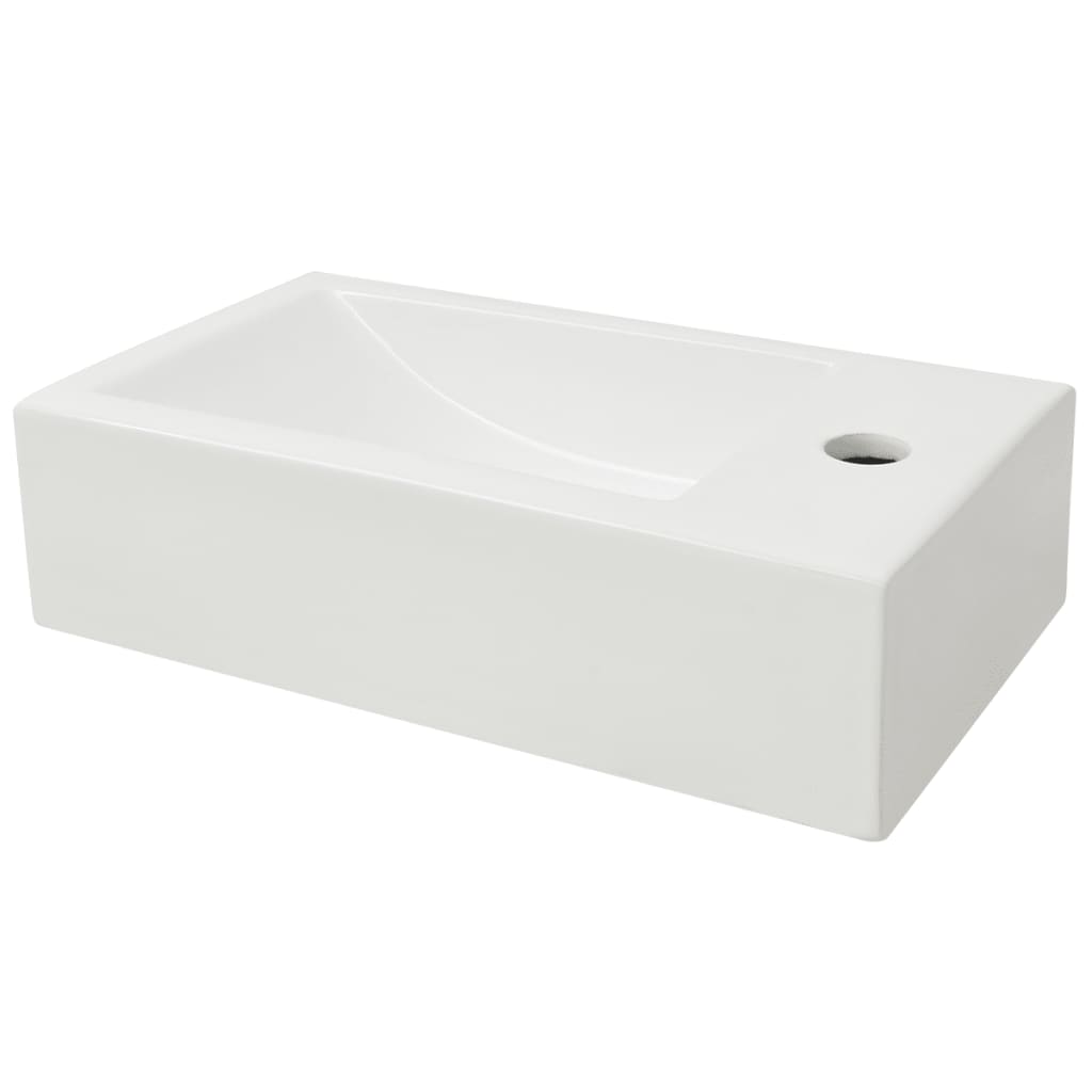 téglalap-alakú, fehér kerámia mosdókagyló csaptelep furattal 46x25,5x12 cm