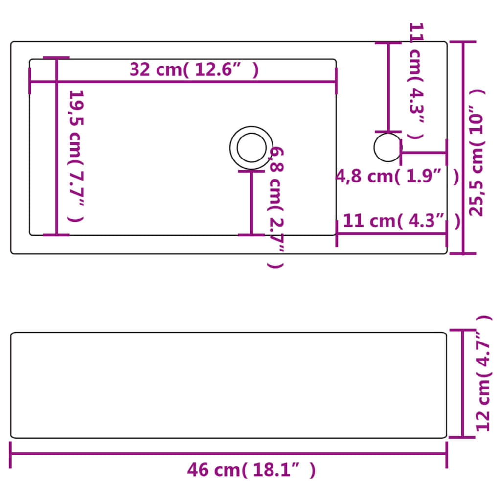 téglalap-alakú, fehér kerámia mosdókagyló csaptelep furattal 46x25,5x12 cm