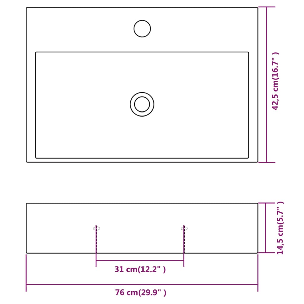 Fehér kerámia mosdó csaptelep furattal 76x42,5x14,5 cm