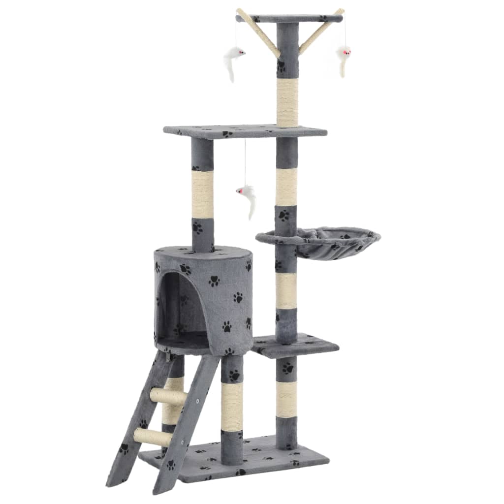 szürke, mancsmintás macskabútor szizál kaparófákkal 138 cm