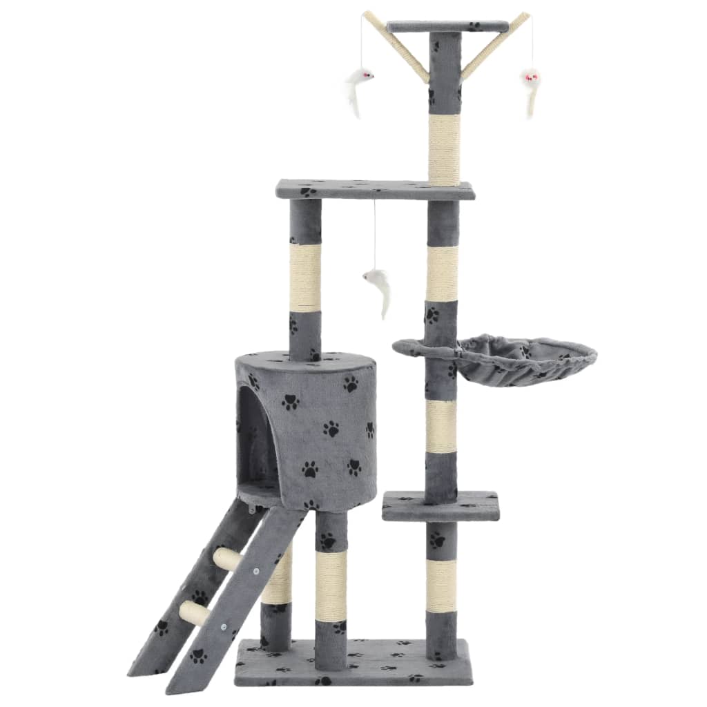 szürke, mancsmintás macskabútor szizál kaparófákkal 138 cm