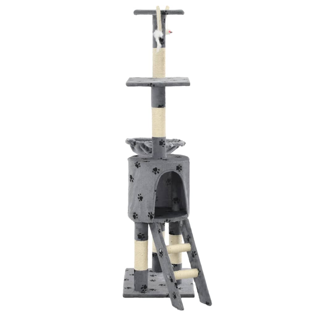 szürke, mancsmintás macskabútor szizál kaparófákkal 138 cm