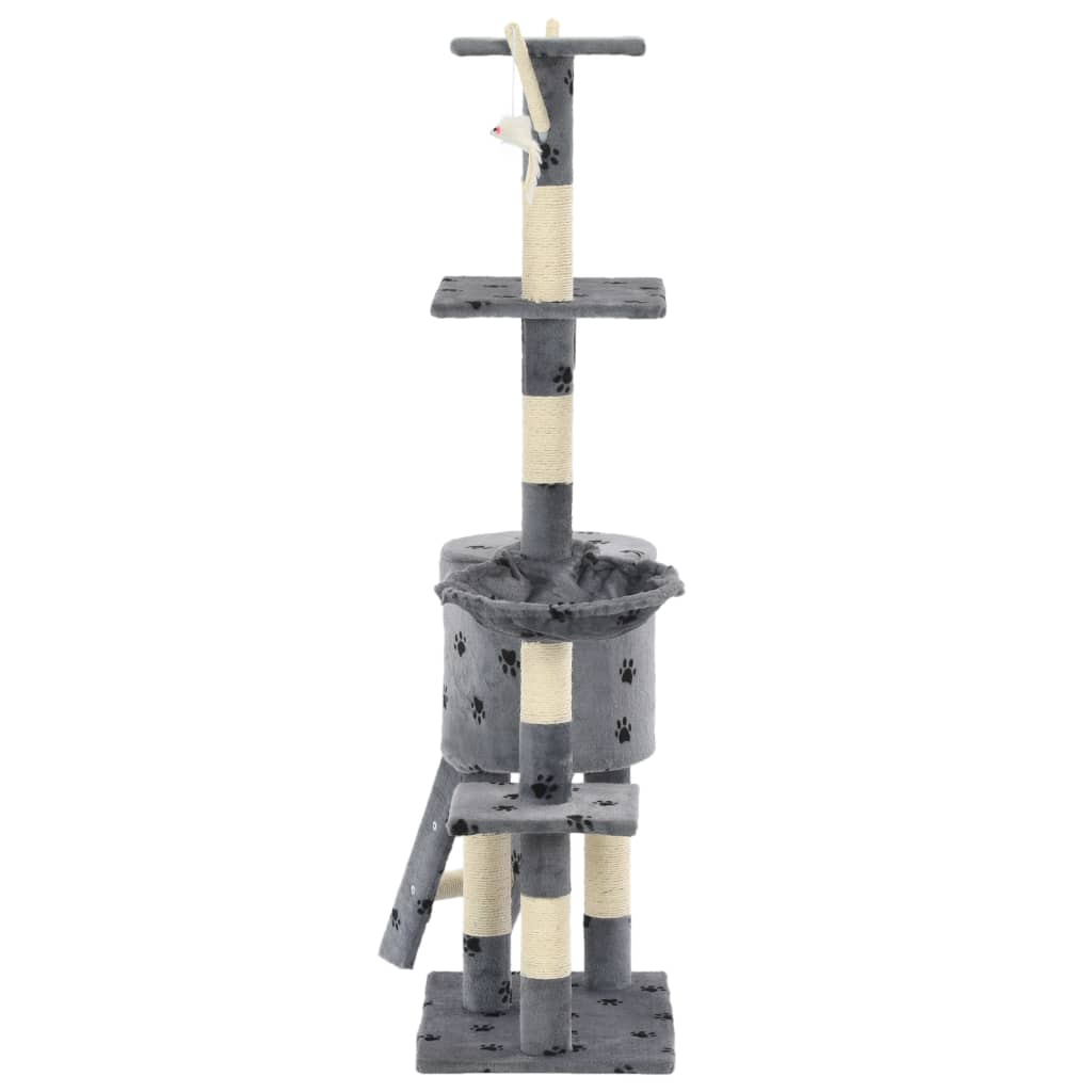 szürke, mancsmintás macskabútor szizál kaparófákkal 138 cm