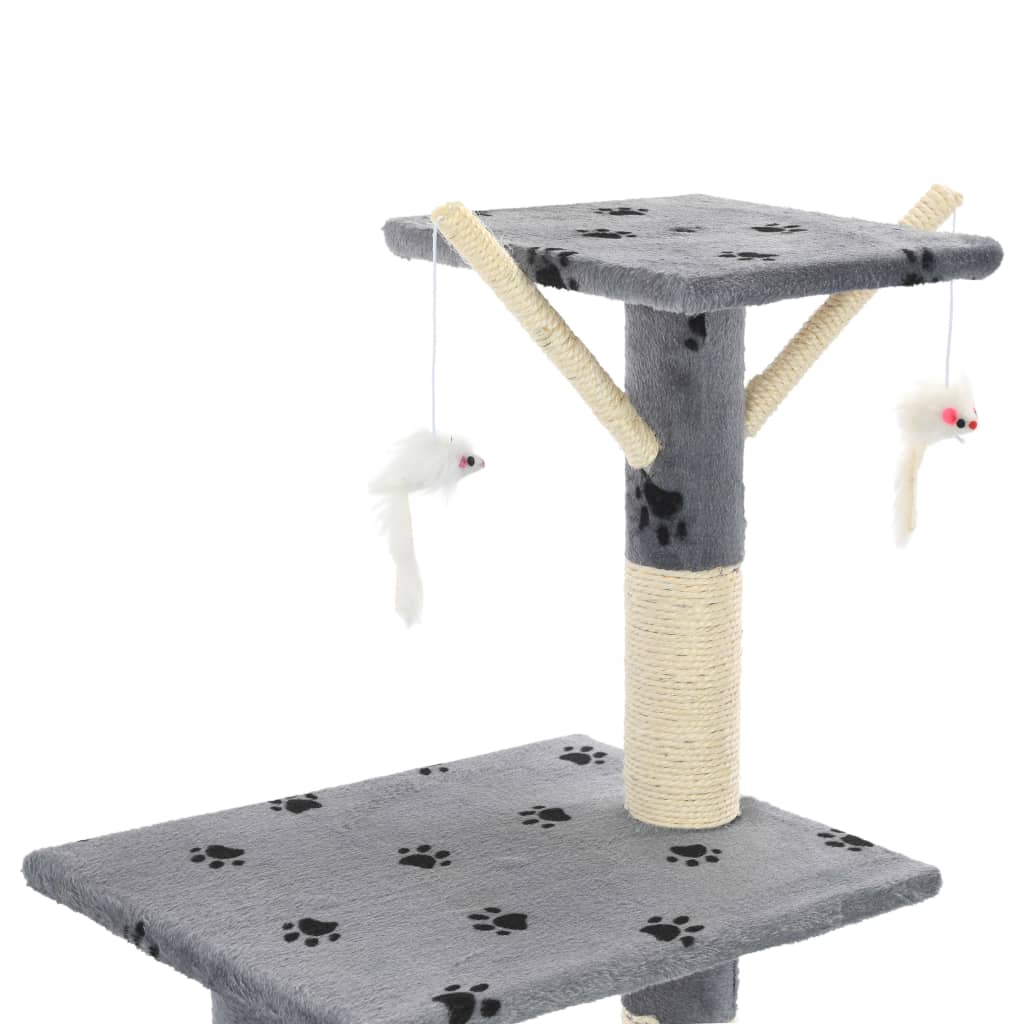 szürke, mancsmintás macskabútor szizál kaparófákkal 138 cm
