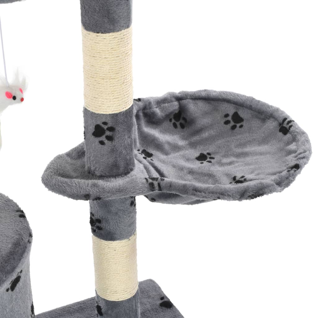 szürke, mancsmintás macskabútor szizál kaparófákkal 138 cm