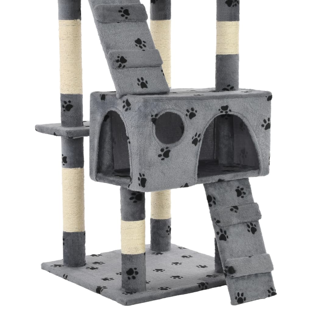 szürke, mancsmintás macskabútor szizál kaparófákkal 170 cm
