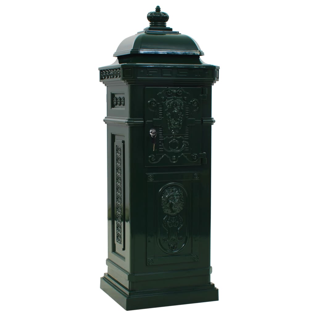 zöld, vintage, rozsdamentes alumínium álló postaláda