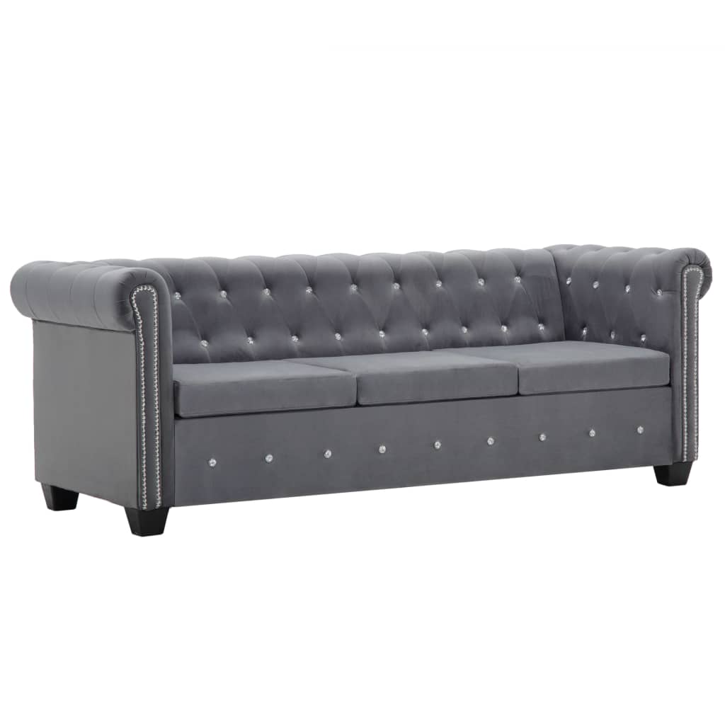 szürke 3 személyes bársony Chesterfield kanapé 199x75x72 cm