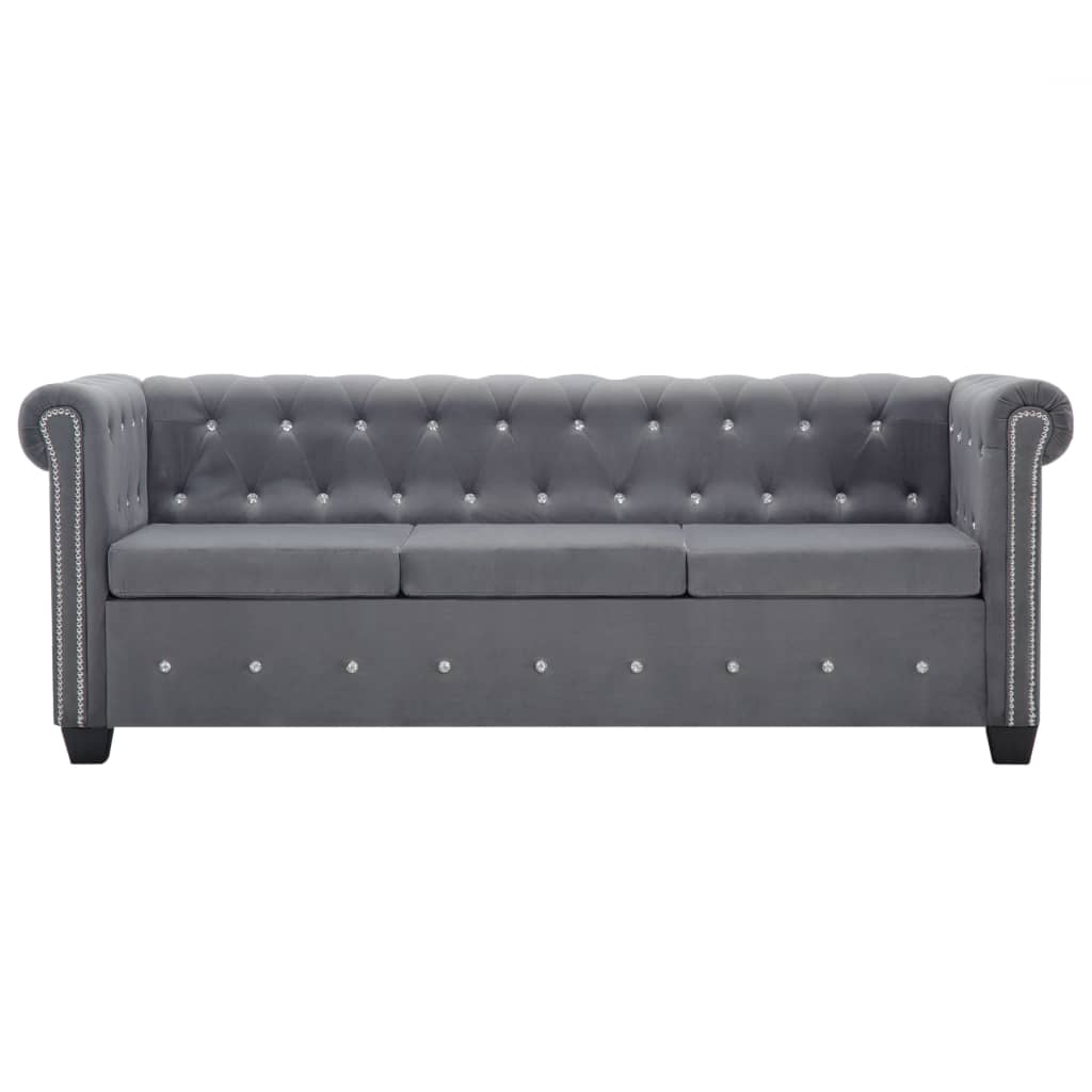 szürke 3 személyes bársony Chesterfield kanapé 199x75x72 cm