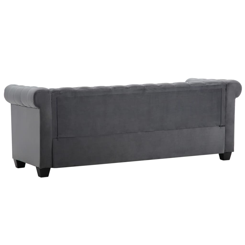 szürke 3 személyes bársony Chesterfield kanapé 199x75x72 cm