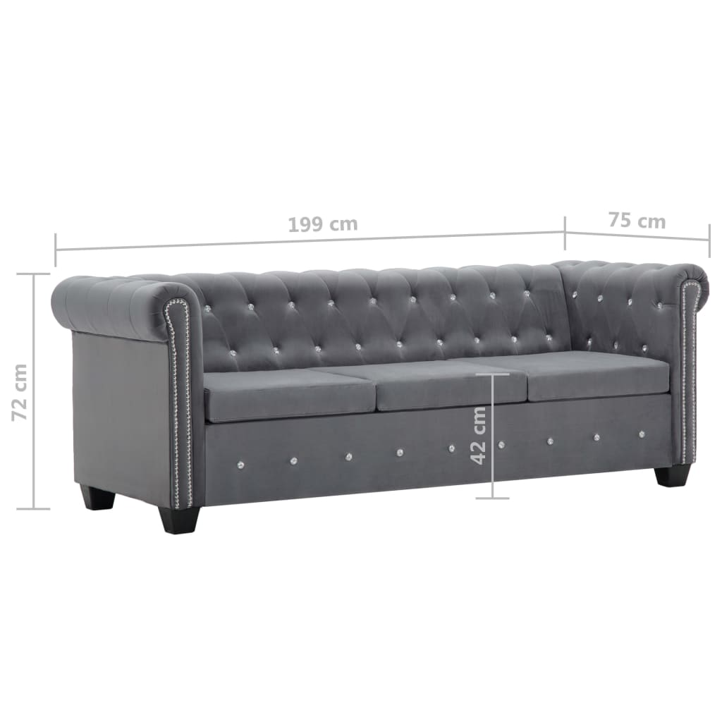 szürke 3 személyes bársony Chesterfield kanapé 199x75x72 cm
