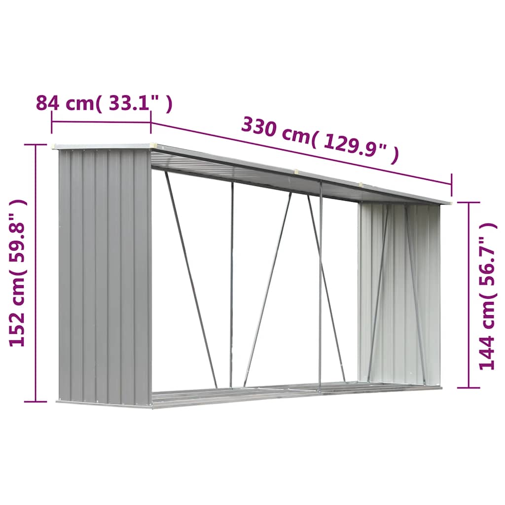 szürke horganyzott acél kerti tűzifatároló 330 x 84 x 152 cm