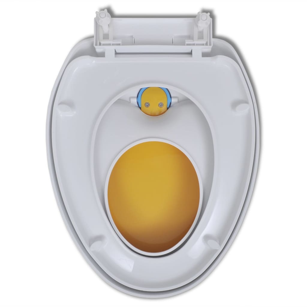fehér és sárga gyerek/felnőtt WC-ülőke lassan csukódó fedéllel