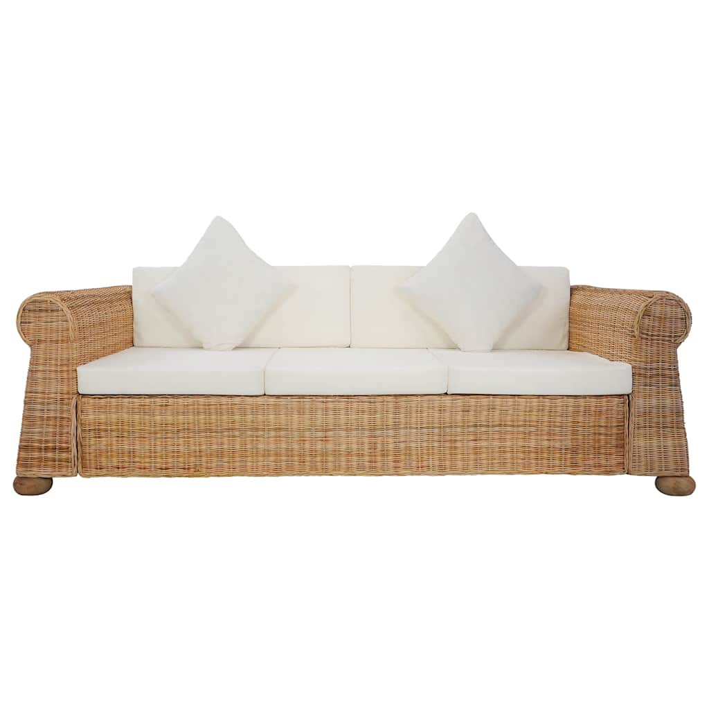 3 személyes természetes rattan kanapé párnákkal