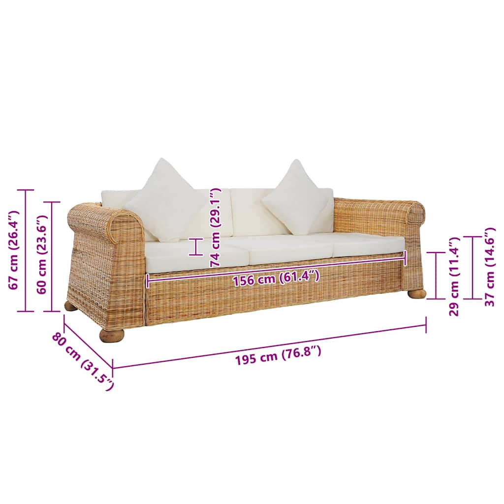3 személyes természetes rattan kanapé párnákkal