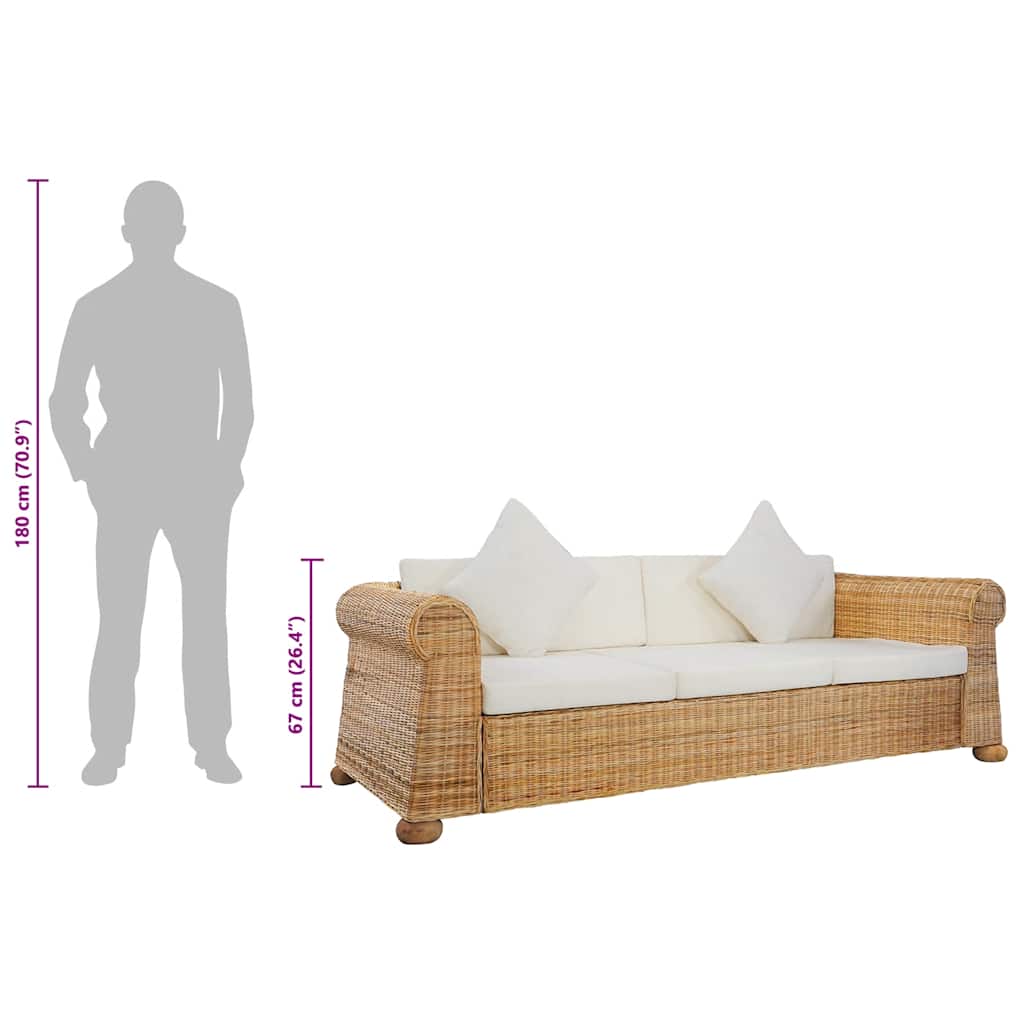 3 személyes természetes rattan kanapé párnákkal