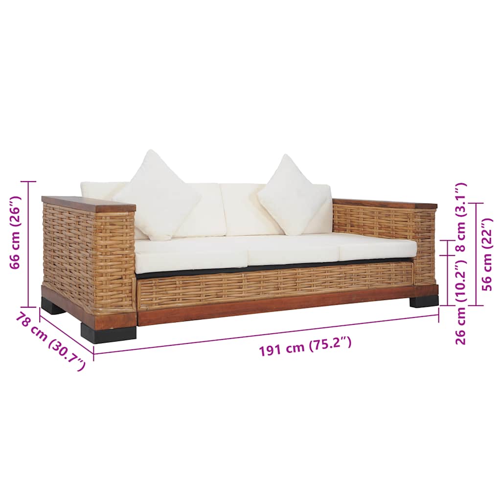 3 személyes barna természetes rattan kanapé párnával