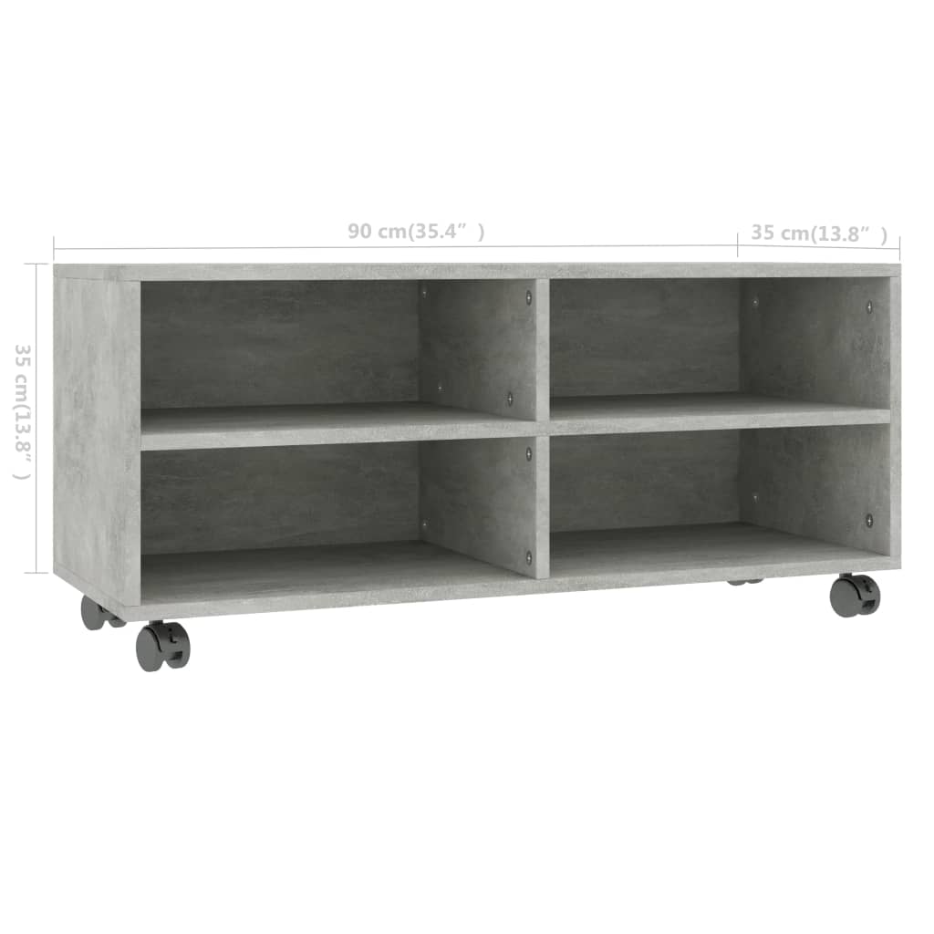 betonszürke szerelt fa TV-szekrény görgőkkel 90 x 35 x 35 cm