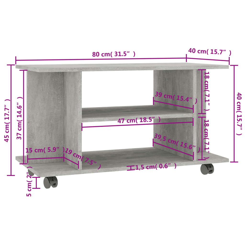 betonszürke szerelt fa TV-szekrény görgőkkel 80 x 40 x 45 cm