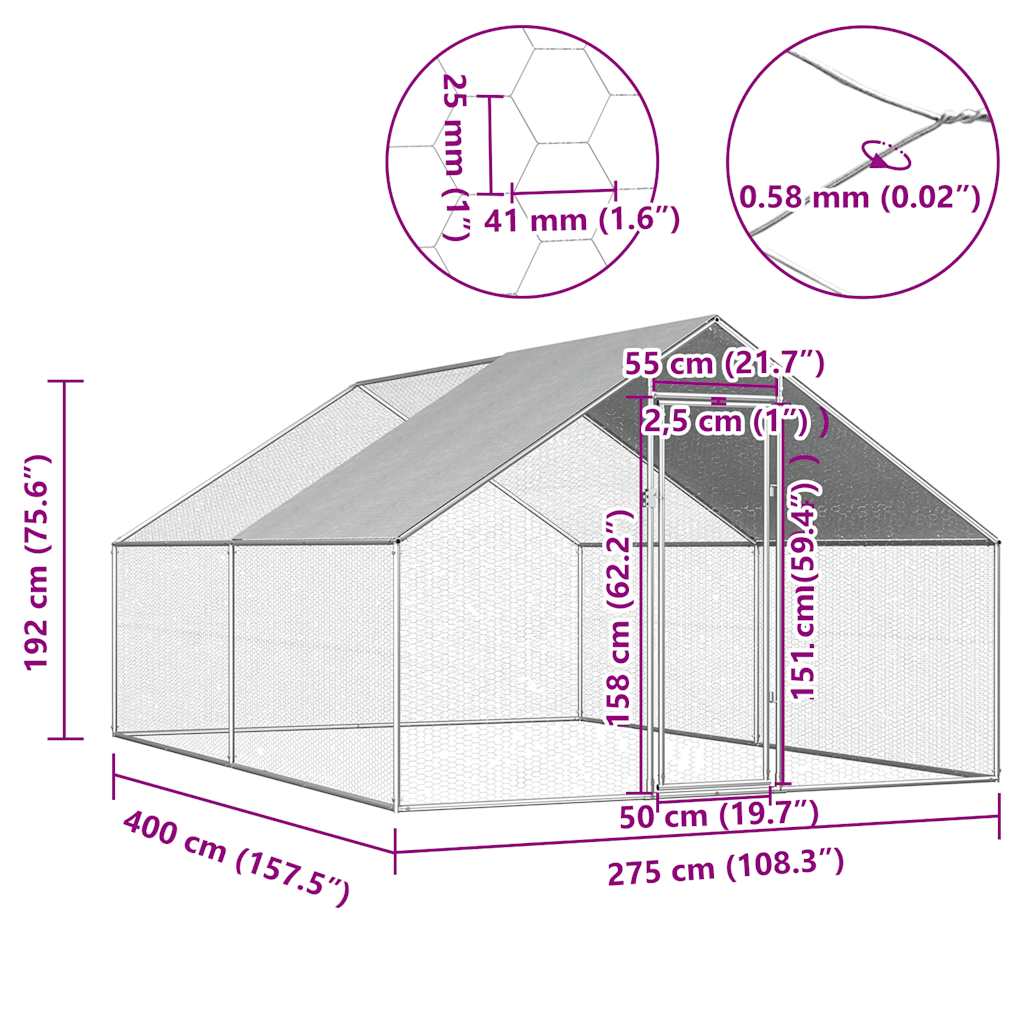 kültéri horganyzott acél tyúkól 2,75 x 4 x 1,92 m