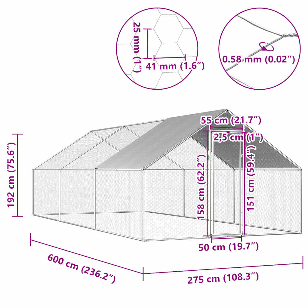 kültéri horganyzott acél tyúkól 2,75 x 6 x 1,92 m