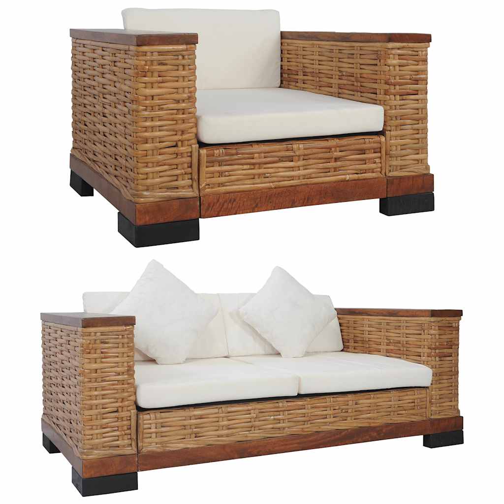 3 részes barna természetes rattan kanapészett párnákkal