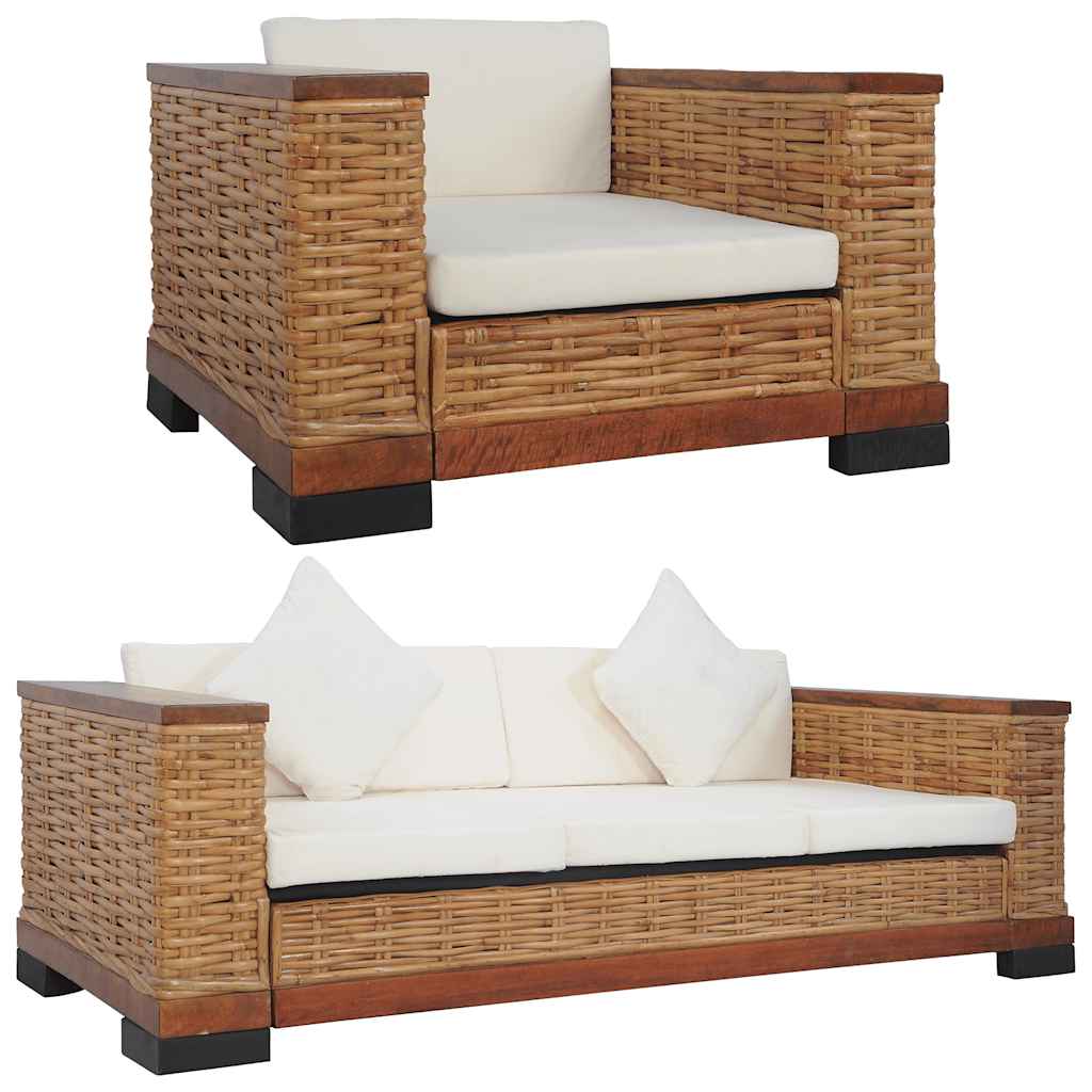 2 részes barna természetes rattan kanapészett párnákkal