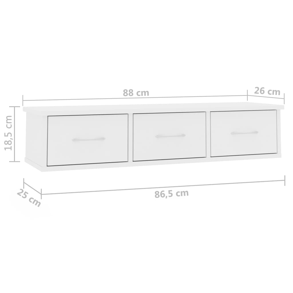 fehér falra szerelhető szerelt fa fiókos polc 88 x 26 x 18,5 cm
