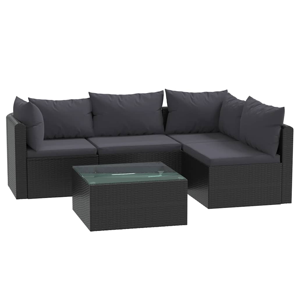 5 részes fekete polyrattan kerti társalgószett párnákkal