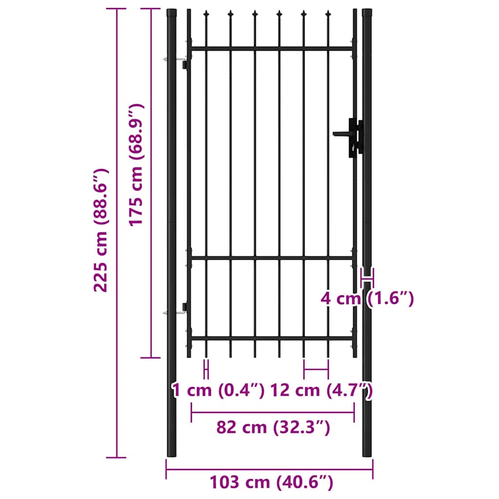 fekete acél lándzsahegy tetejű kerítéskapu 1 x 1,75 m