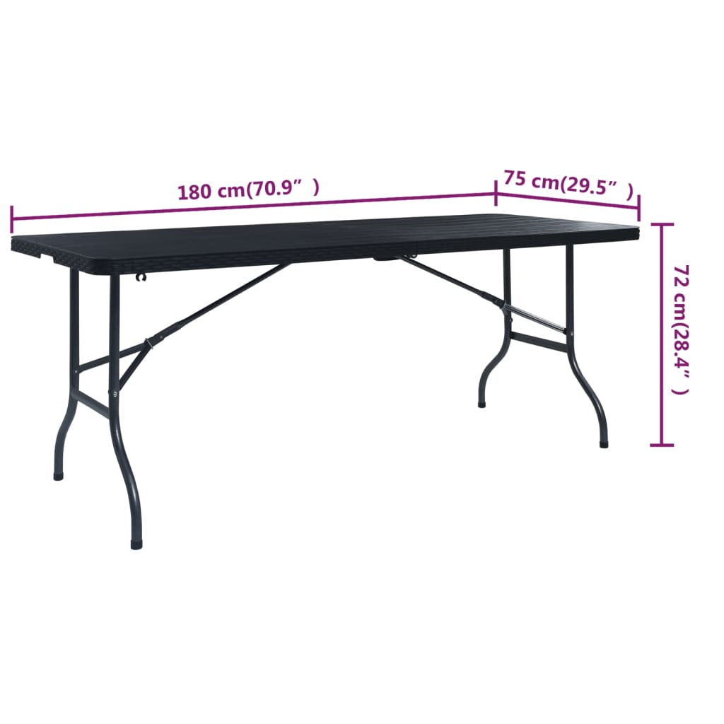 fekete HDPE rattan szerű összecsukható kerti asztal 180x75x72cm
