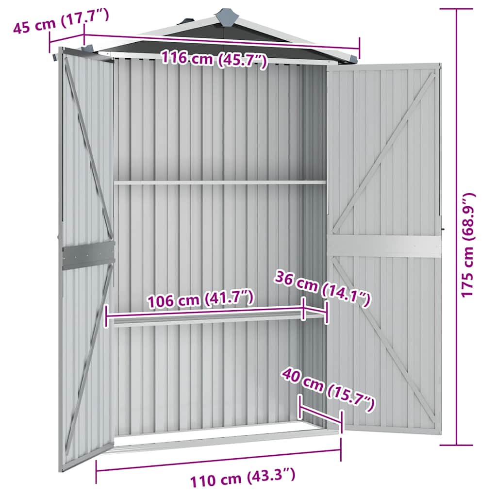 antracitszürke horganyzott acél kerti fészer 116x45x175 cm