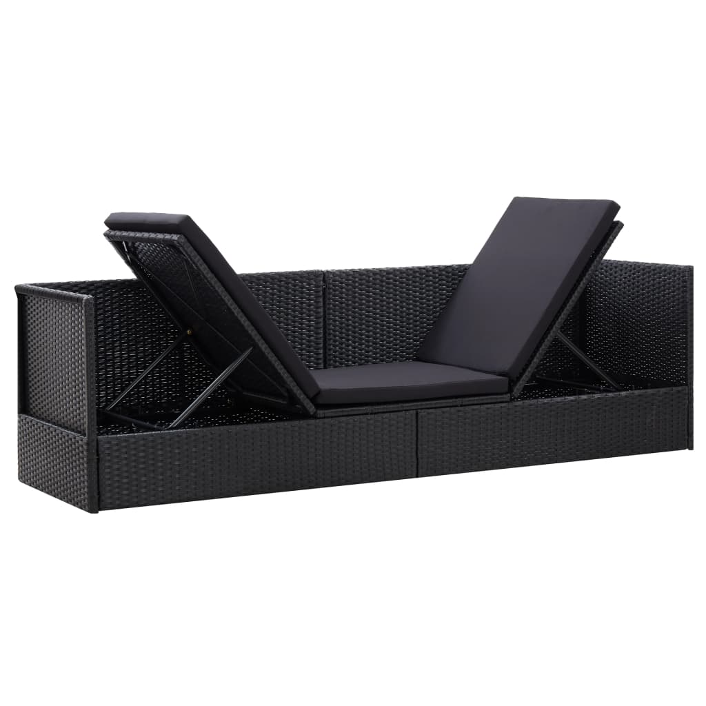 fekete polyrattan kerti ágy ülő- és hátpárnával