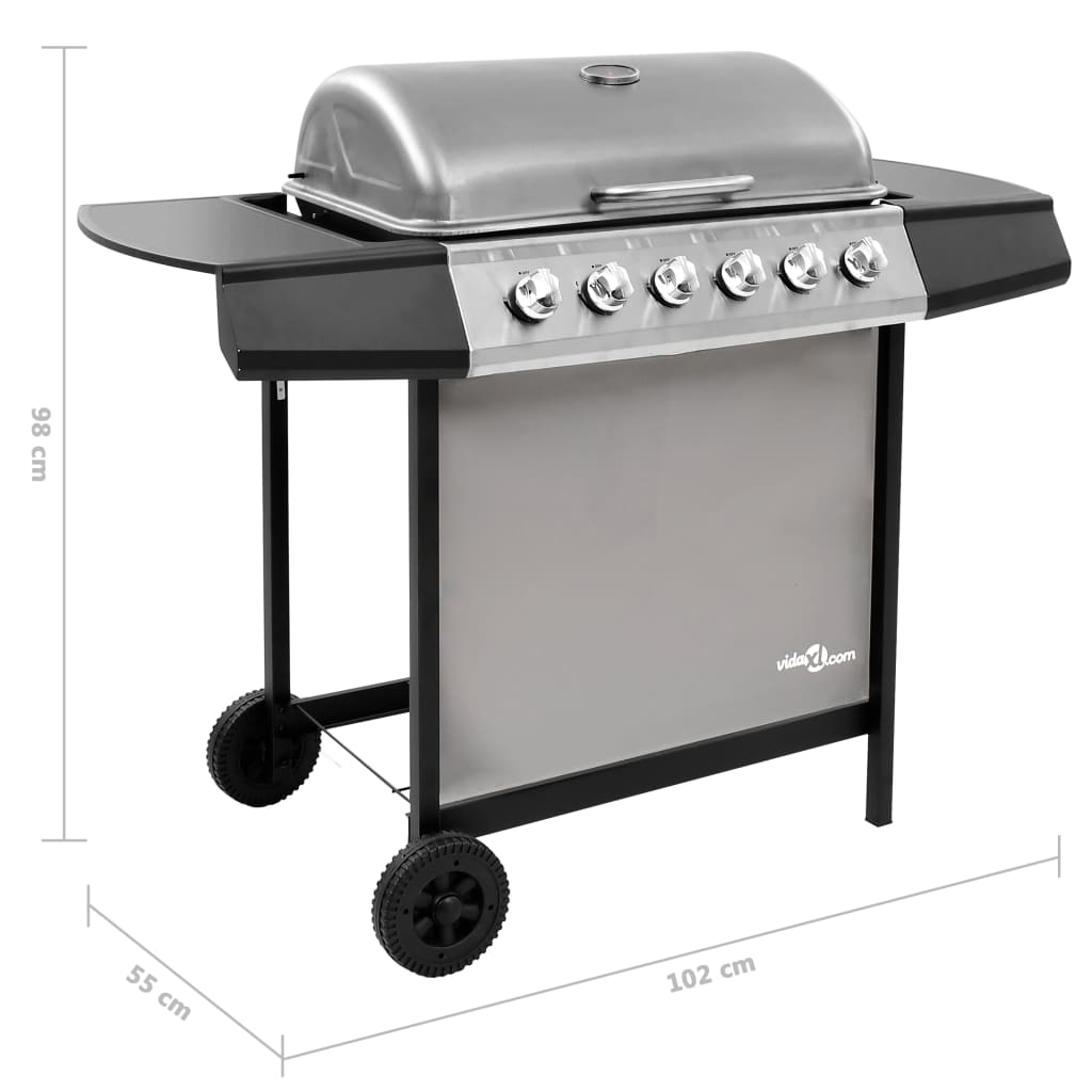 fekete és ezüst gáz grillsütő 6 égővel