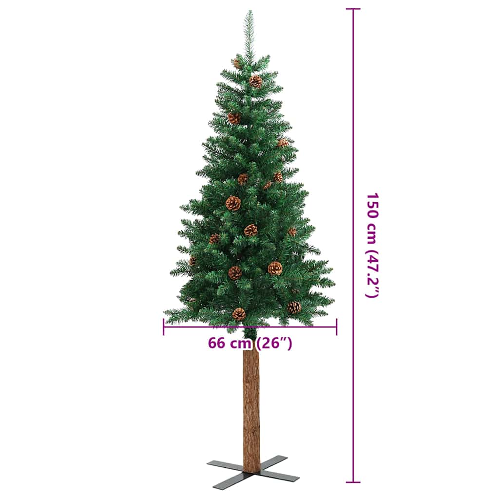 zöld PVC vékony karácsonyfa valódi fával és tobozzal 150 cm