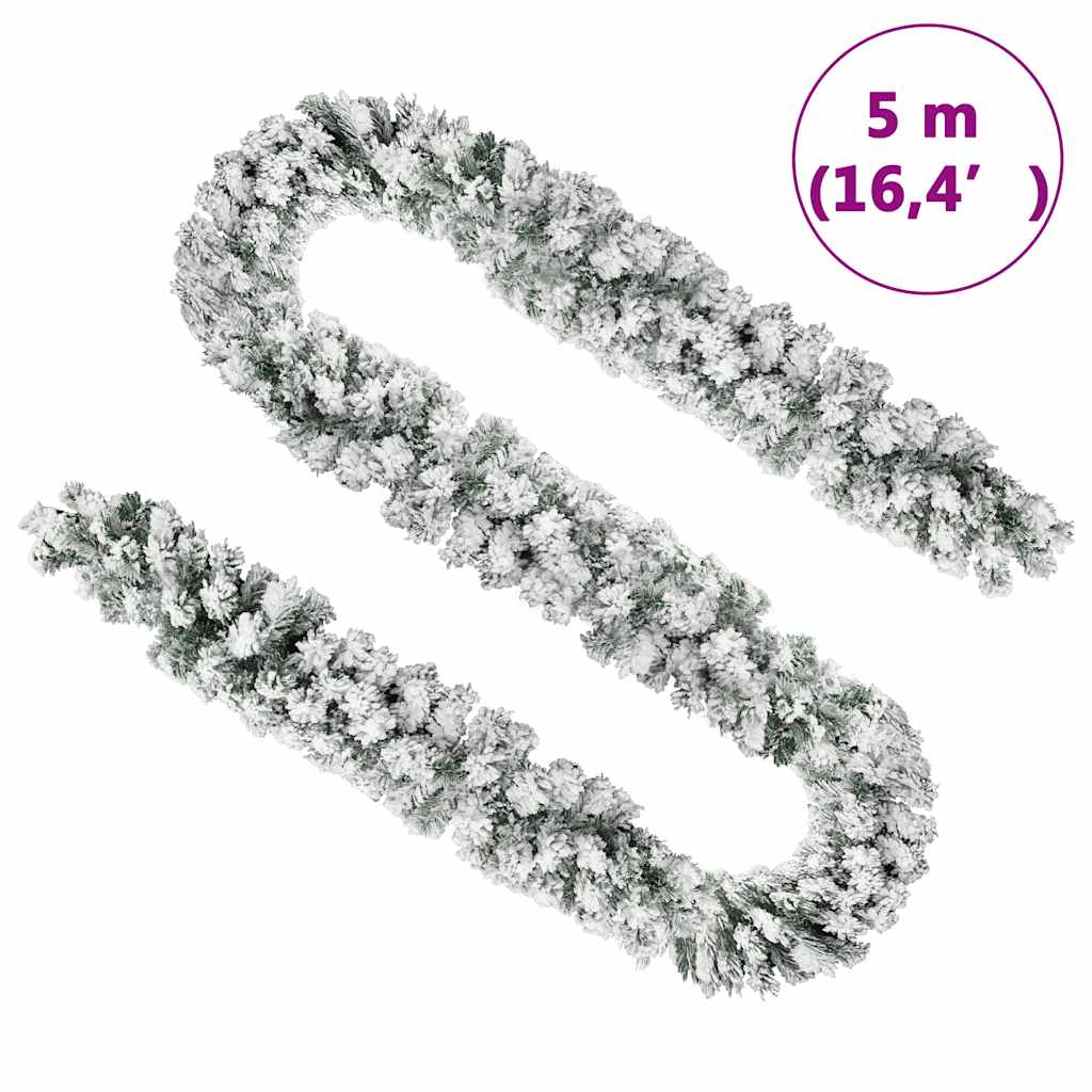 zöld PVC karácsonyi füzér pelyhes hóval 5 m