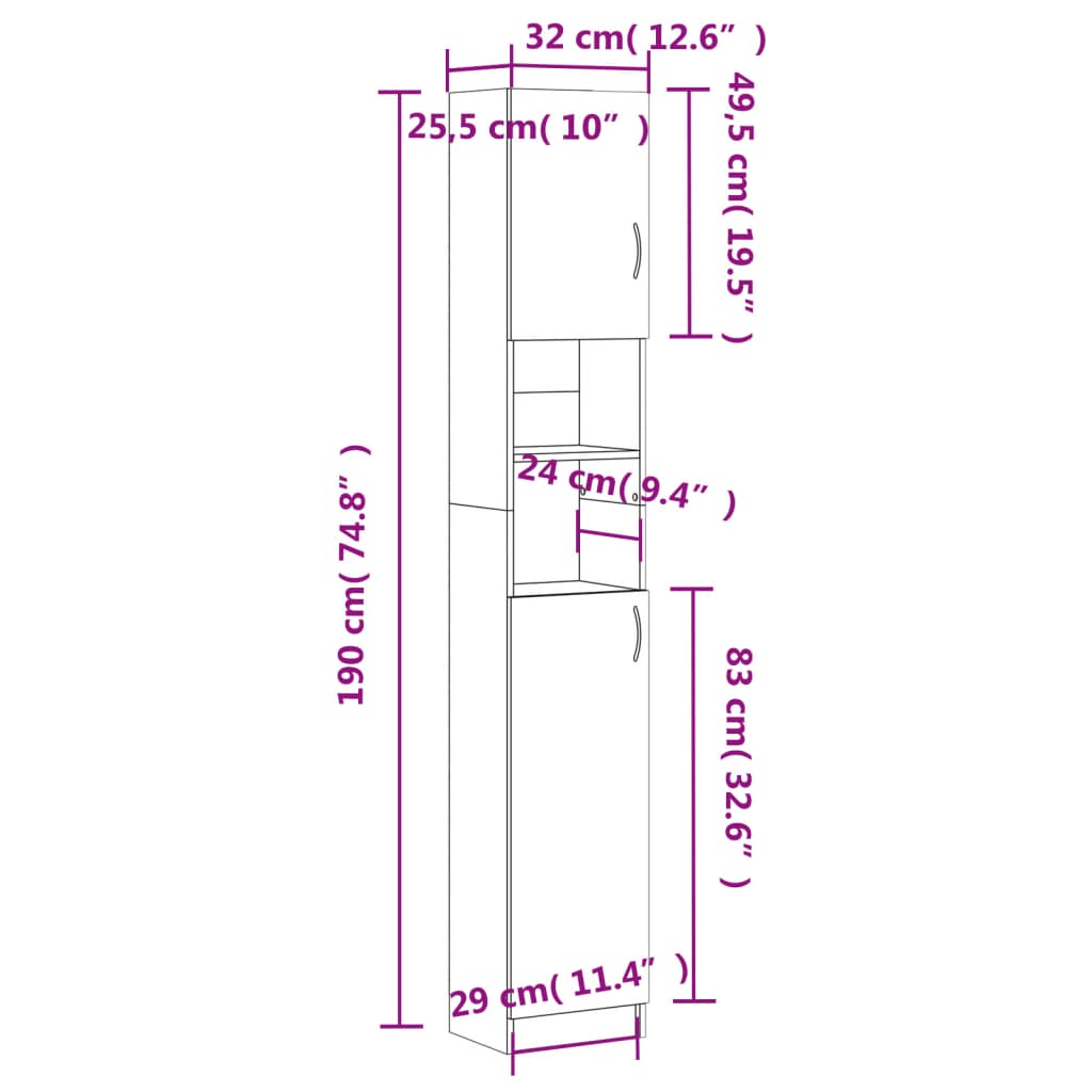fekete szerelt fa fürdőszobaszekrény 32 x 25,5 x 190 cm