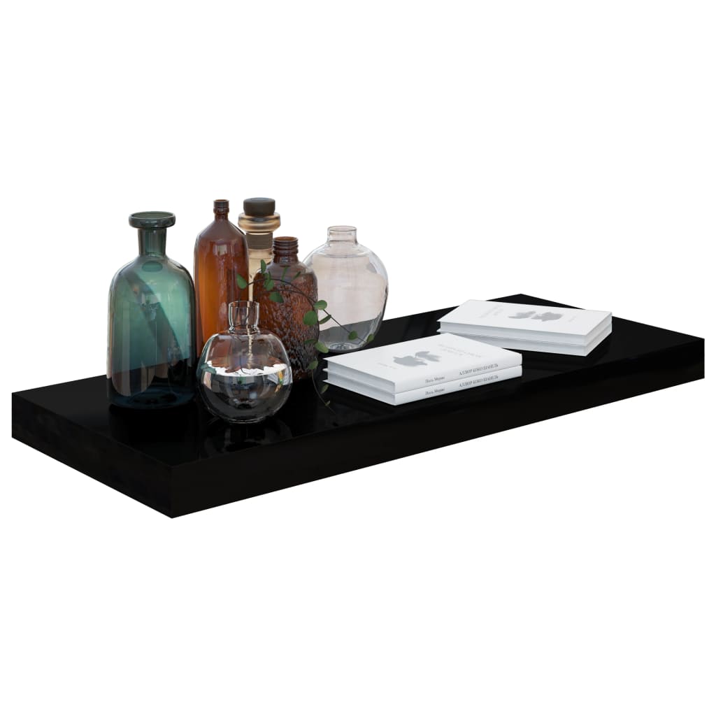 2 db magasfényű fekete MDF lebegő fali polc 60 x 23,5 x 3,8 cm
