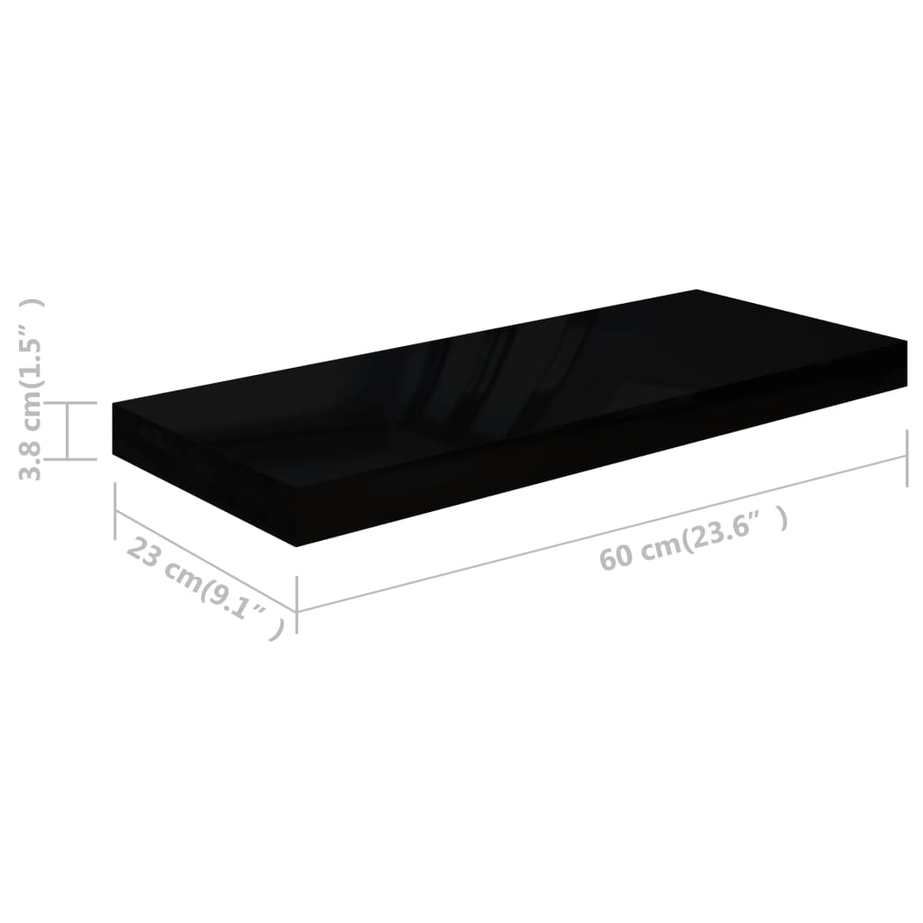 2 db magasfényű fekete MDF lebegő fali polc 60 x 23,5 x 3,8 cm