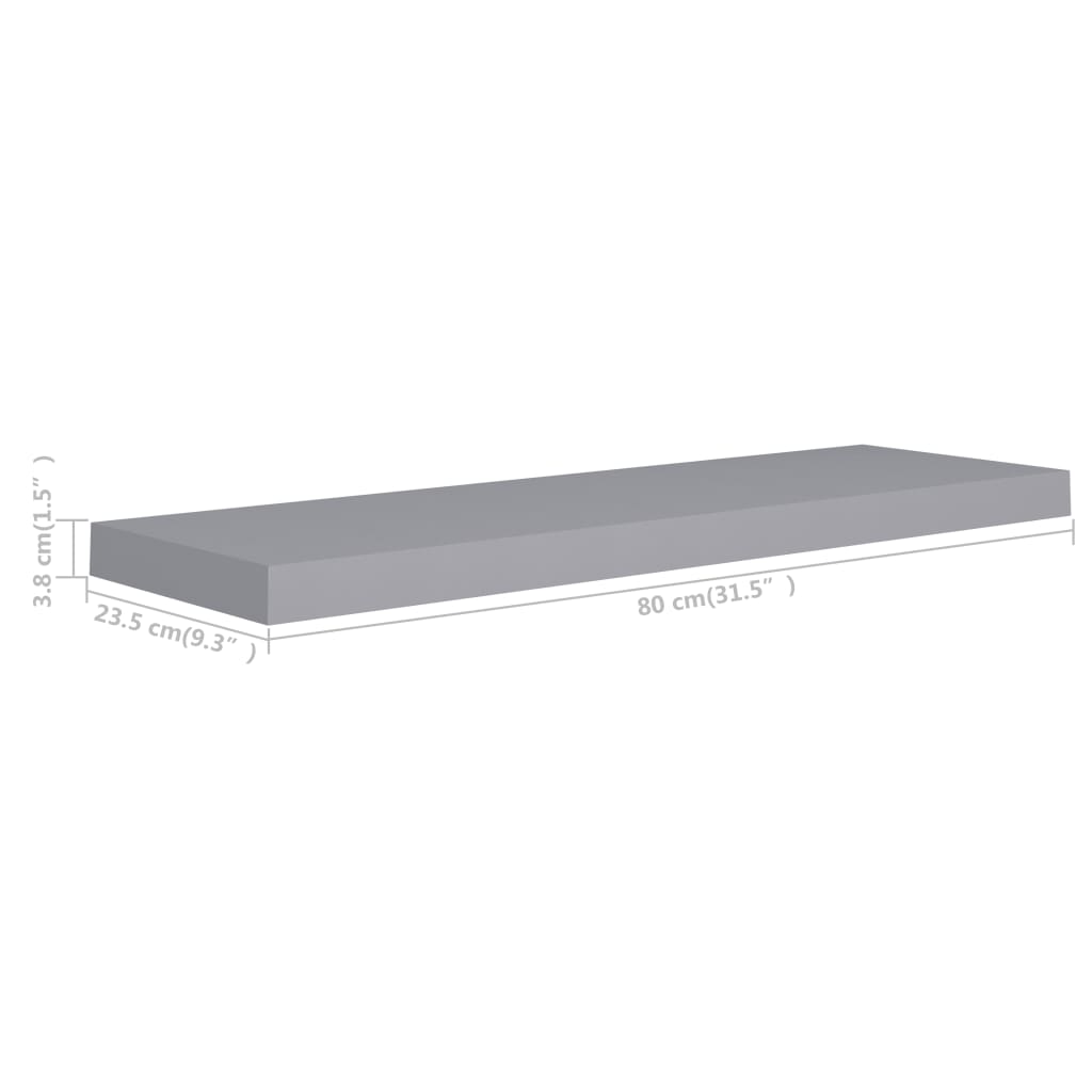 2 db szürke MDF lebegő fali polc 80 x 23,5 x 3,8 cm