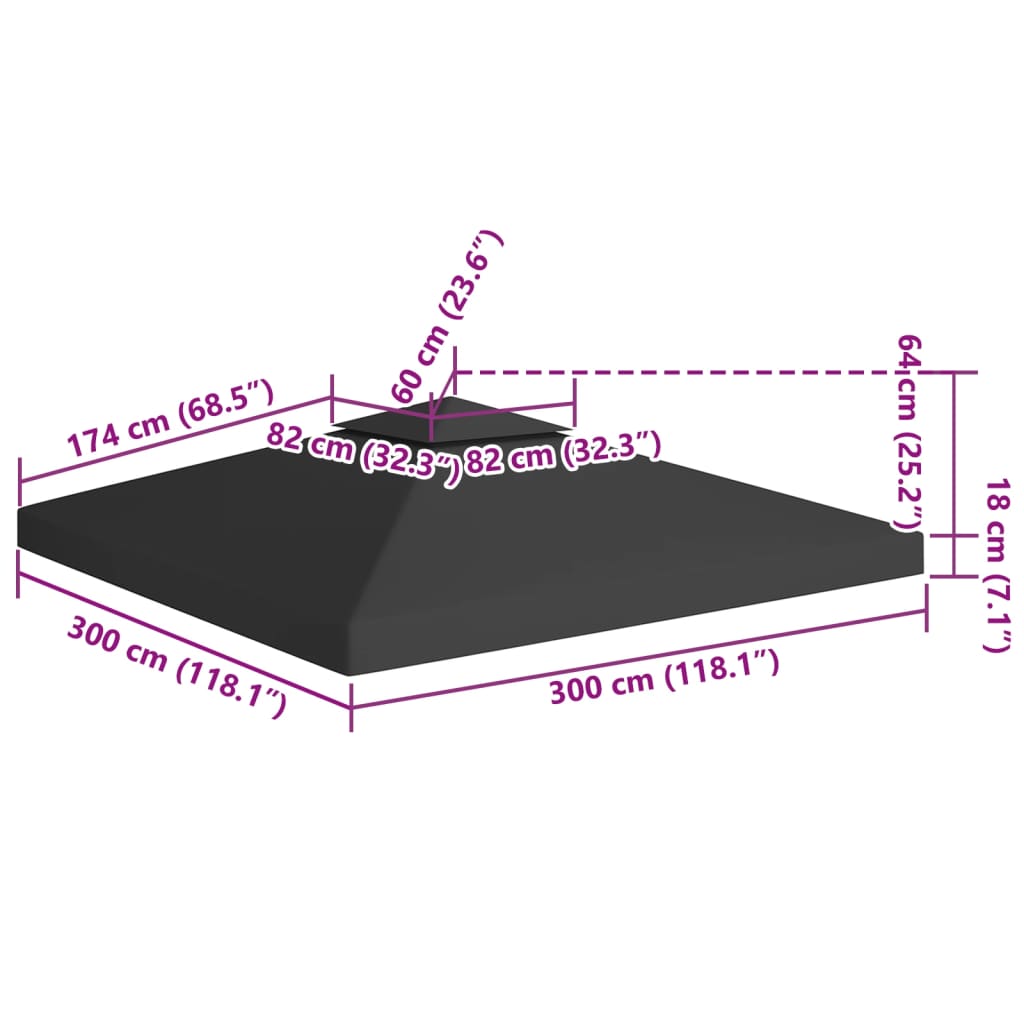 fekete kétszintes pavilon-tetőponyva 310 g/m² 3 x 3 m