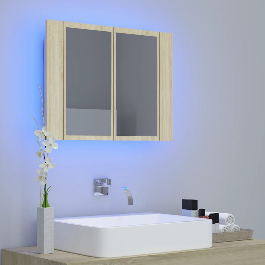 tölgyszínű akril LED-es tükrös fürdőszobaszekrény 60x12x45 cm