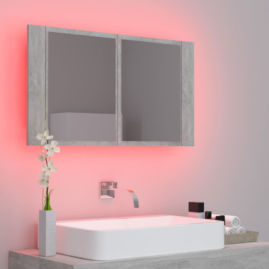 betonszürke akril LED-es tükrös fürdőszobaszekrény 80x12x45 cm