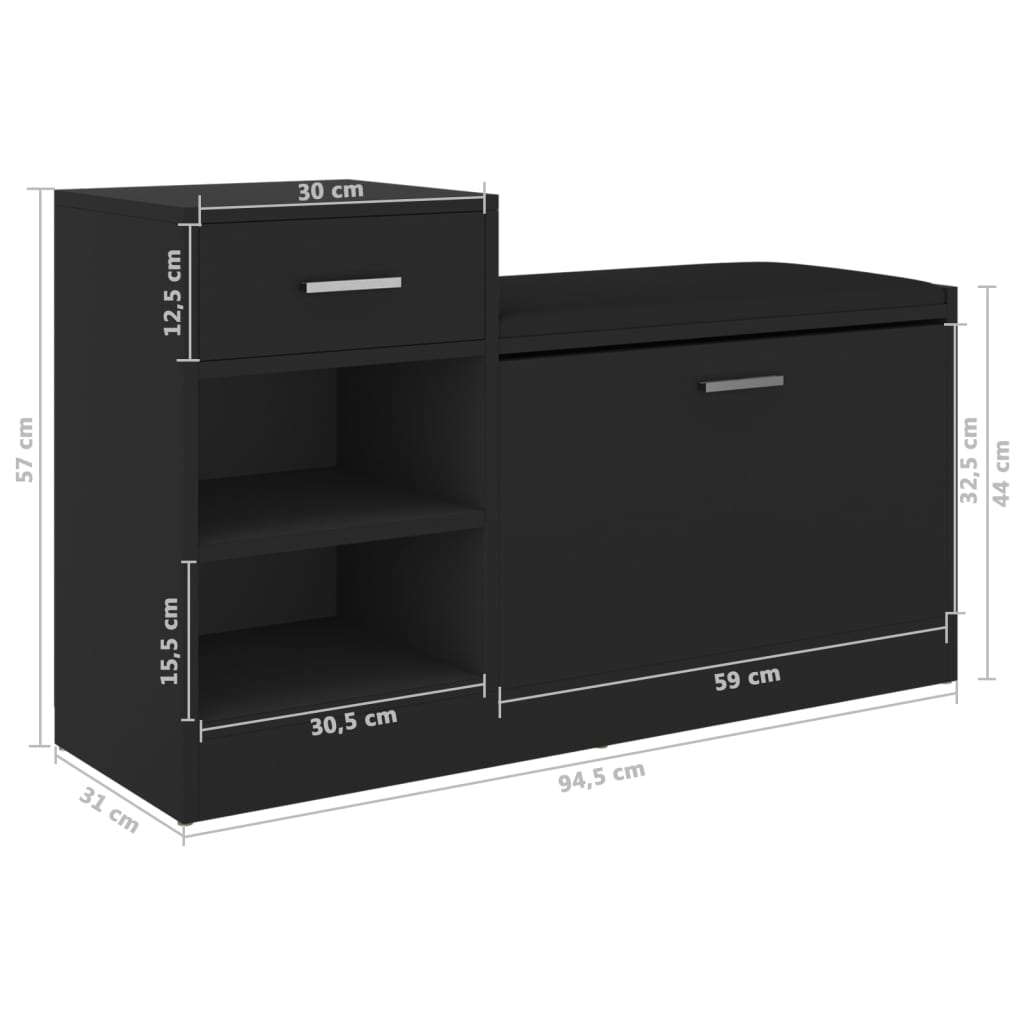 fekete szerelt fa cipőtároló pad 94,5 x 31 x 57 cm